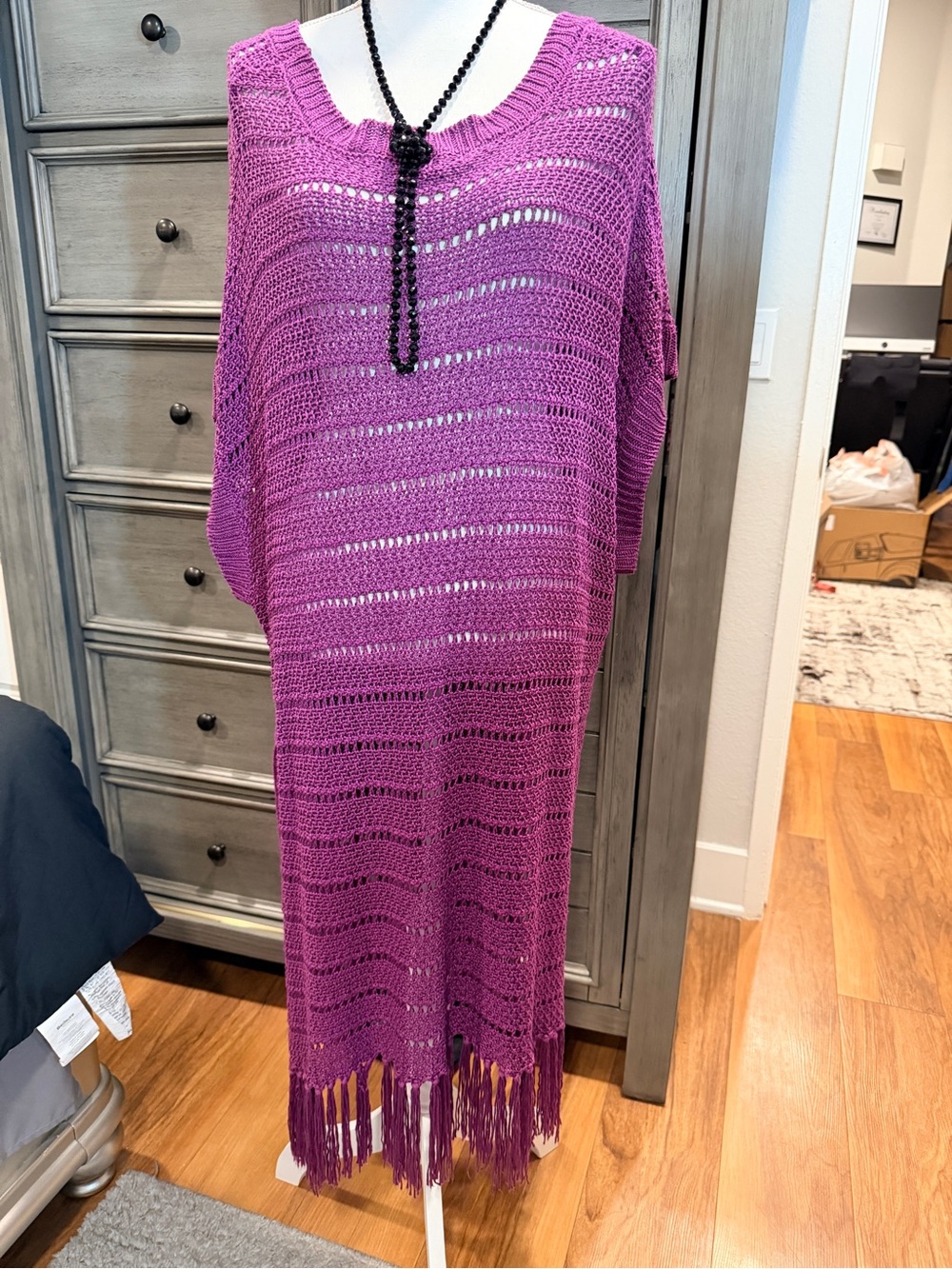 Roaman's Magenta Crochet Knit Dress with Fringe